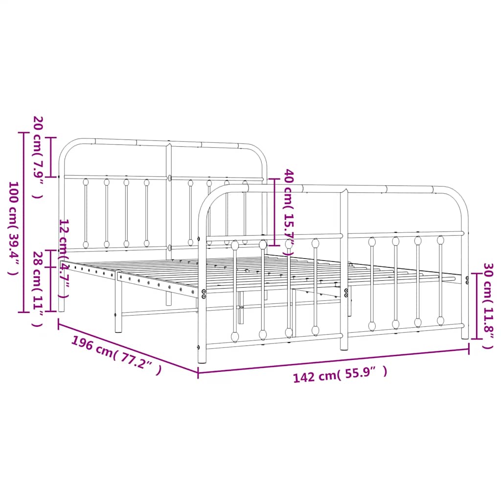 Metal Bed Frame without Mattress with Footboard White 135x190cm