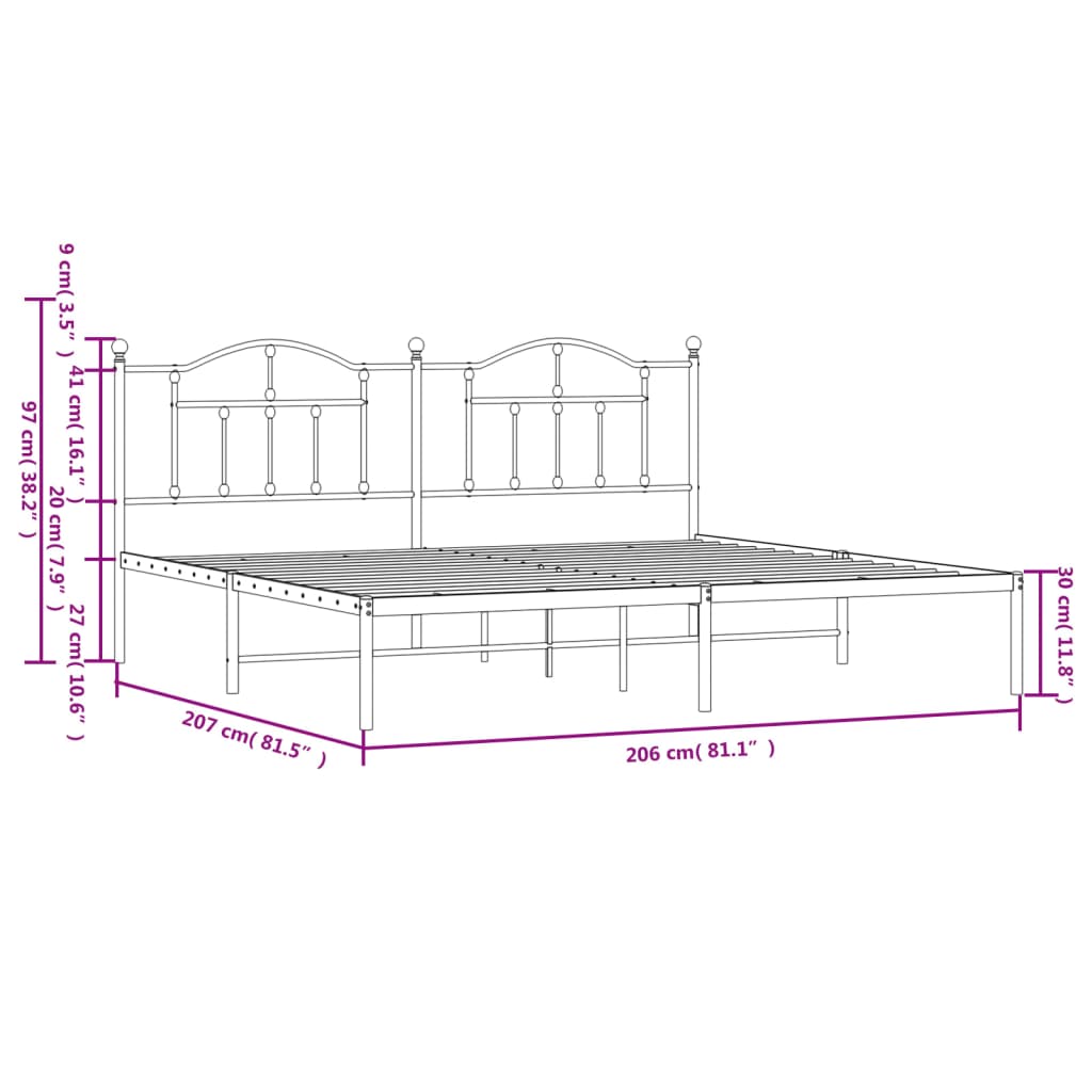 Metal Bed Frame without Mattress with Headboard Black 200x200cm