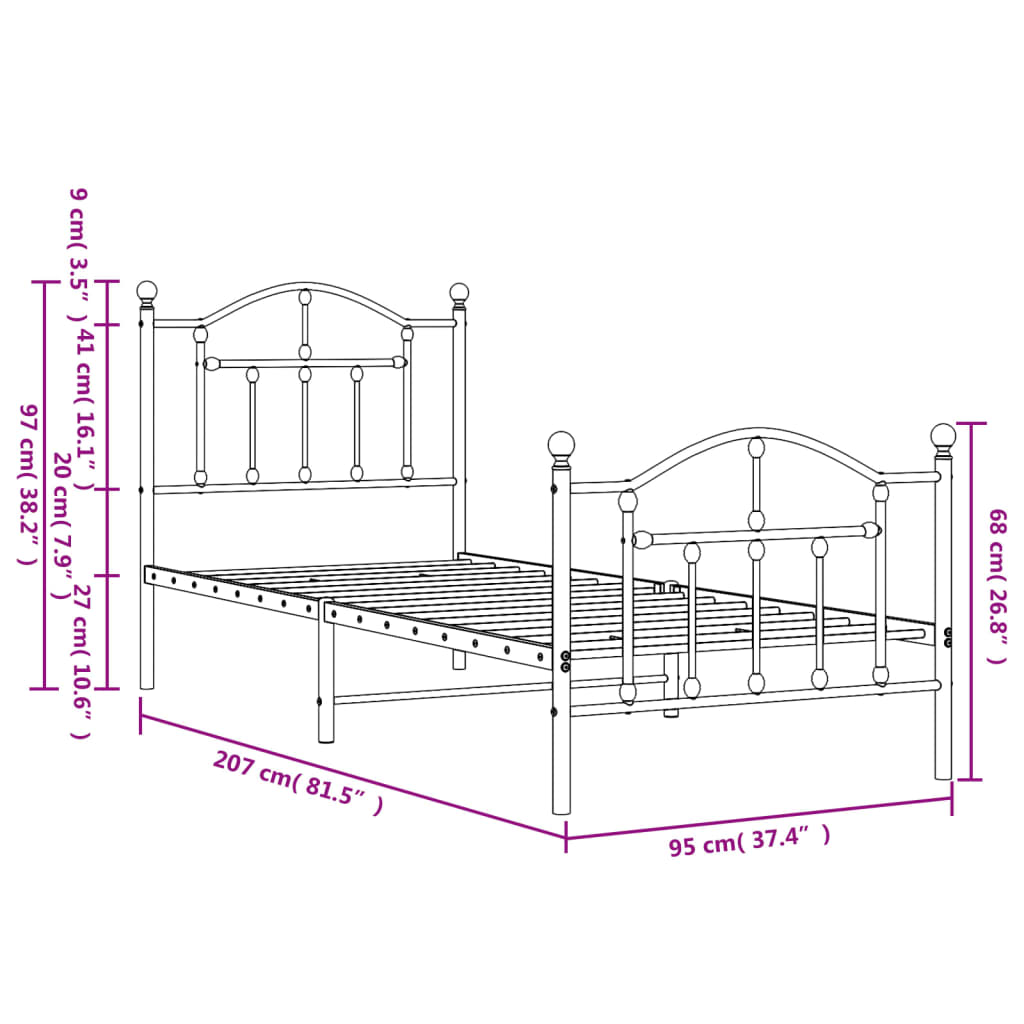 Metal Bed Frame without Mattress with Footboard Black 90x200cm