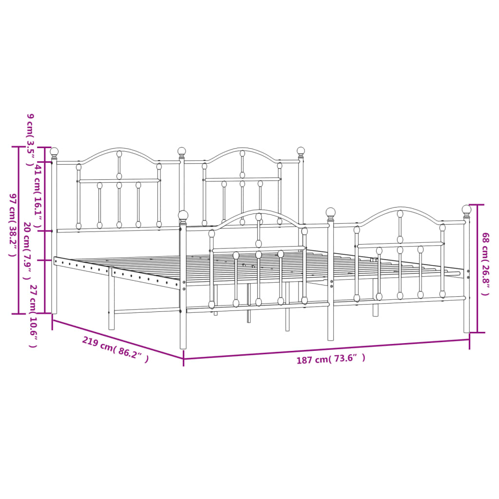 Metal Bed Frame without Mattress with Footboard White 183x213cm