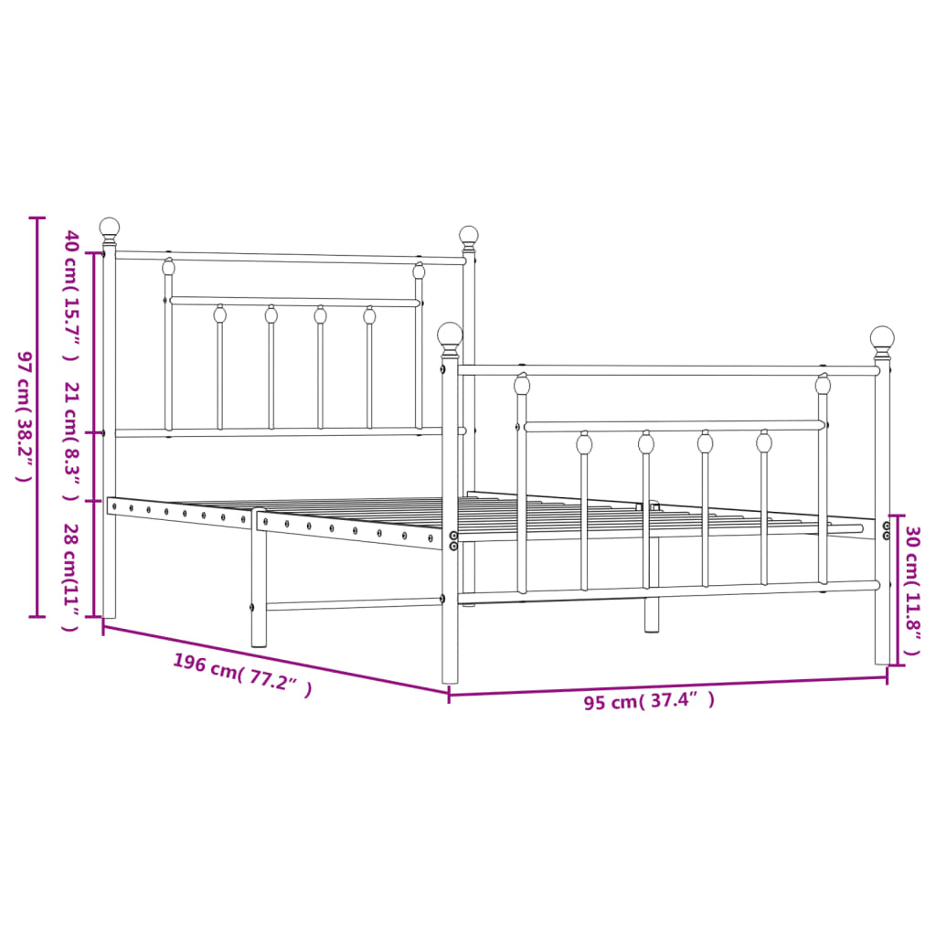 Metal Bed Frame without Mattress with Footboard White 90x190cm