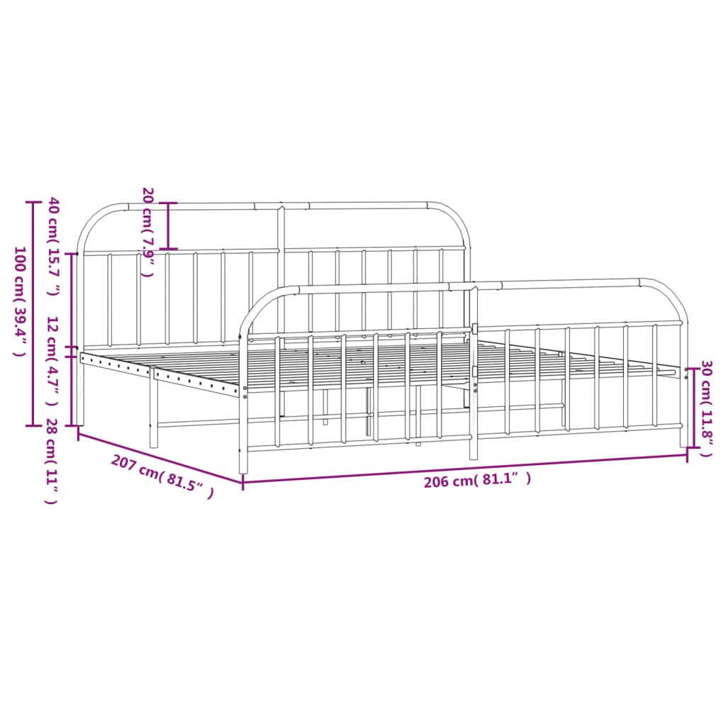 Metal Bed Frame without Mattress with Footboard Black 200x200cm