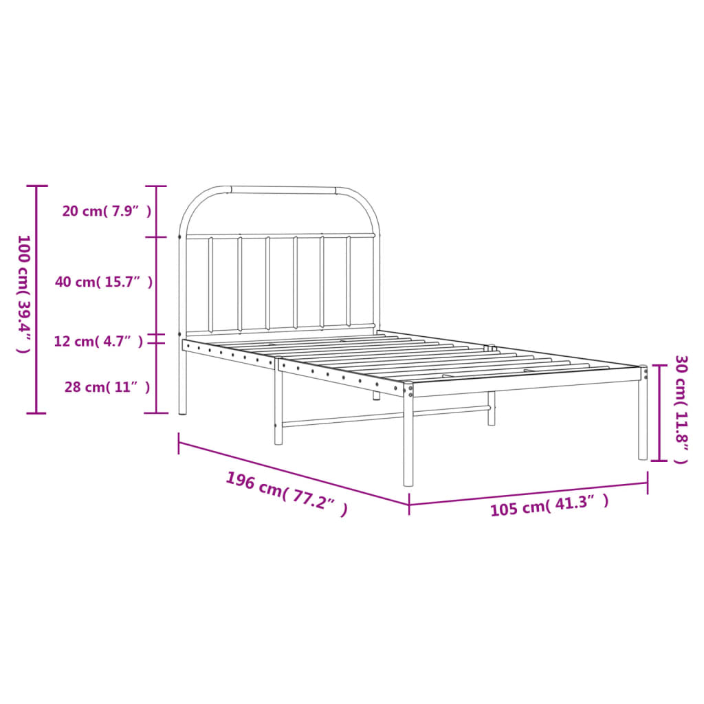 Metal Bed Frame without Mattress with Headboard White 100x190cm