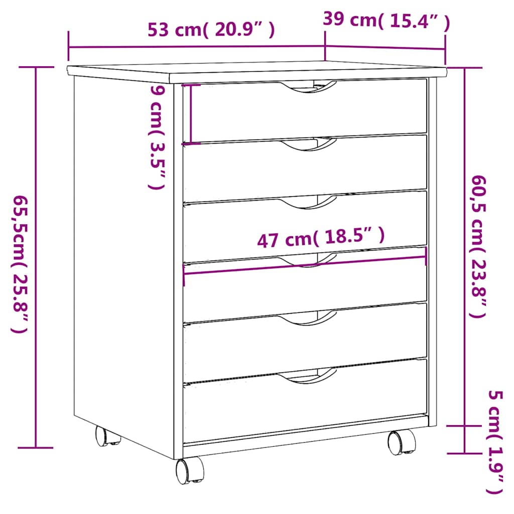 Rolling Cabinet with Drawers MOSS Honey Brown Solid Wood Pine