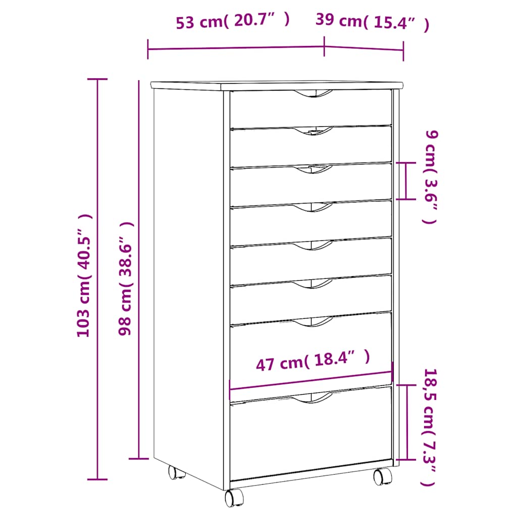 Rolling Cabinet with Drawers MOSS Grey Solid Wood Pine