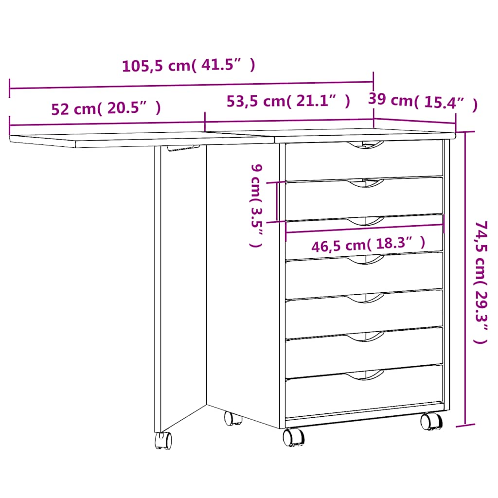 Rolling Cabinet with Desk MOSS White Solid Wood Pine