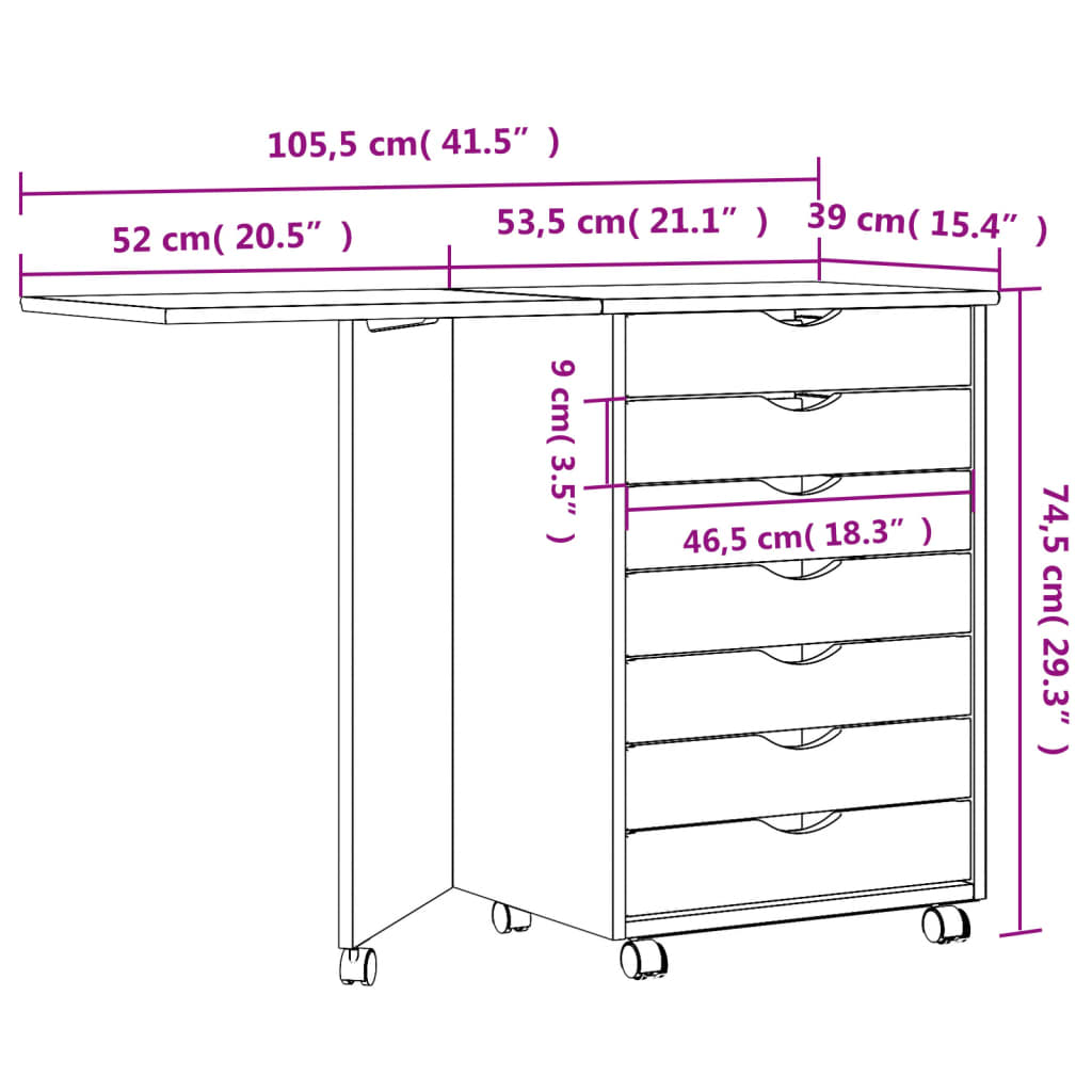 Rolling Cabinet with Desk MOSS Grey Solid Wood Pine