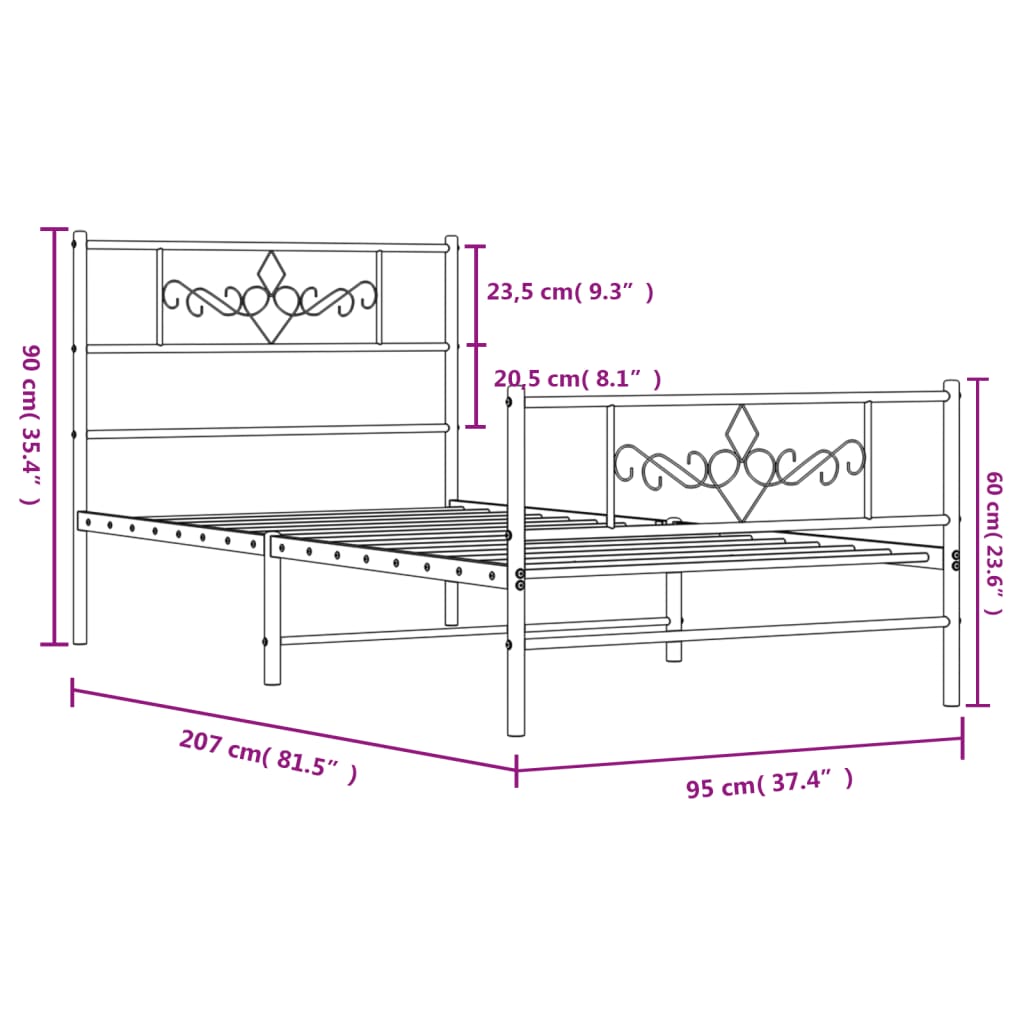 Metal Bed Frame without Mattress with Footboard Black 90x200cm
