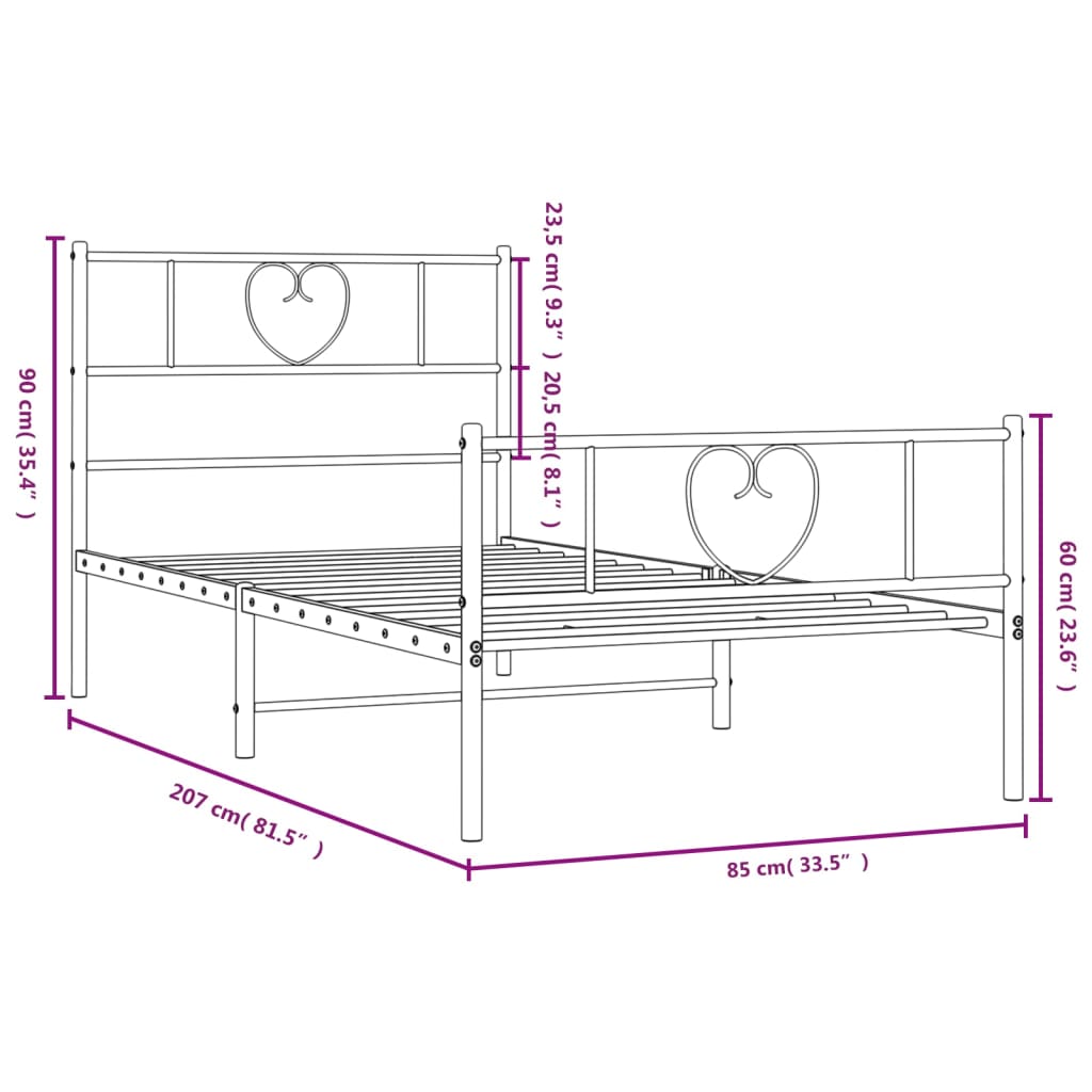 Metal Bed Frame without Mattress with Footboard Black 80x200cm