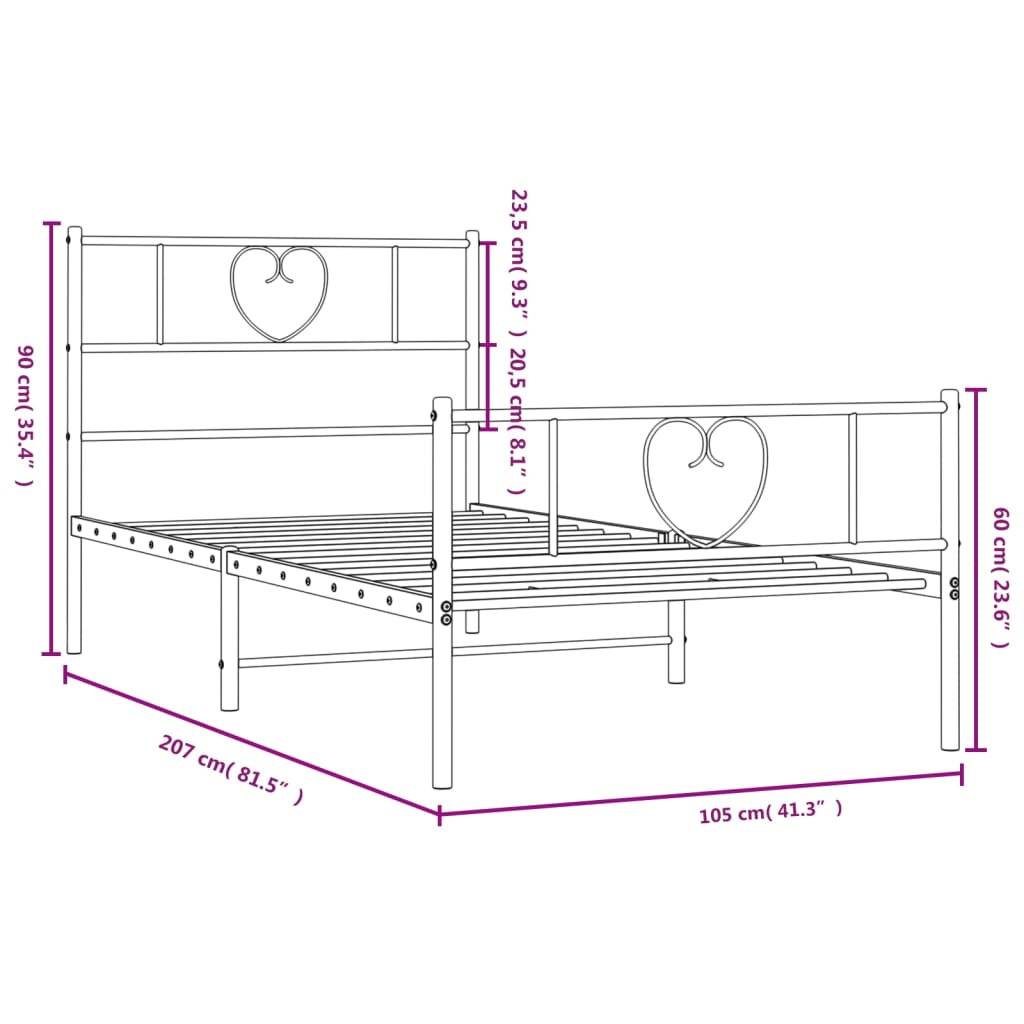 Metal Bed Frame without Mattress with Footboard Black 100x200cm