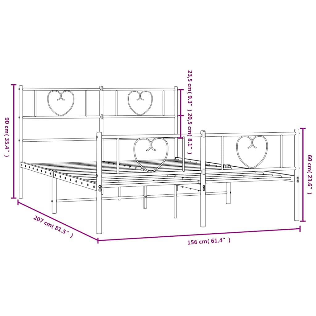 Metal Bed Frame without Mattress with Footboard White 150x200cm