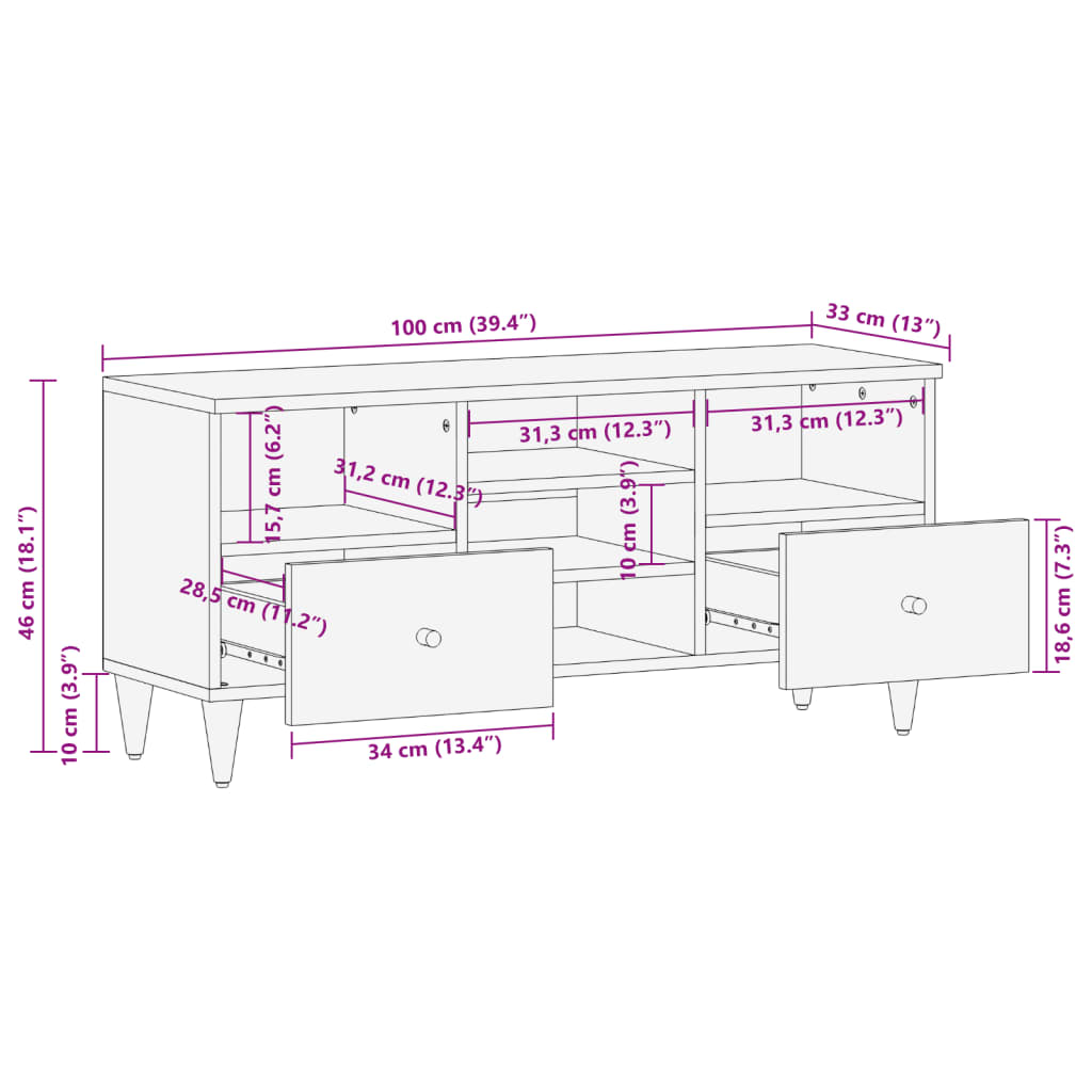 TV Cabinet 100x33x46 cm Solid Wood Mango