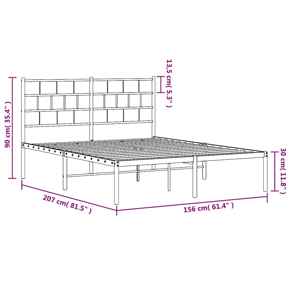 Metal Bed Frame without Mattress with Headboard Black 150x200cm