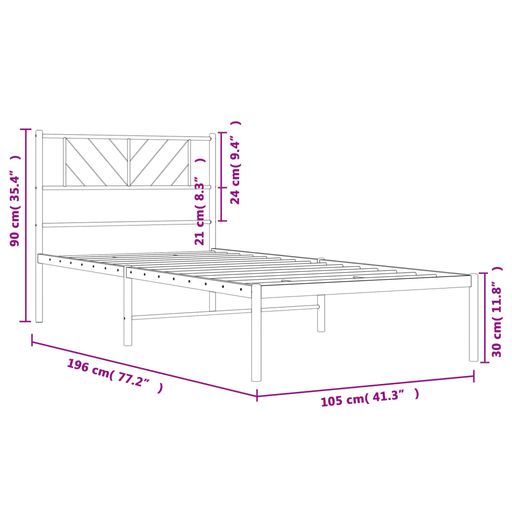Metal Bed Frame without Mattress with Headboard White 100x190cm