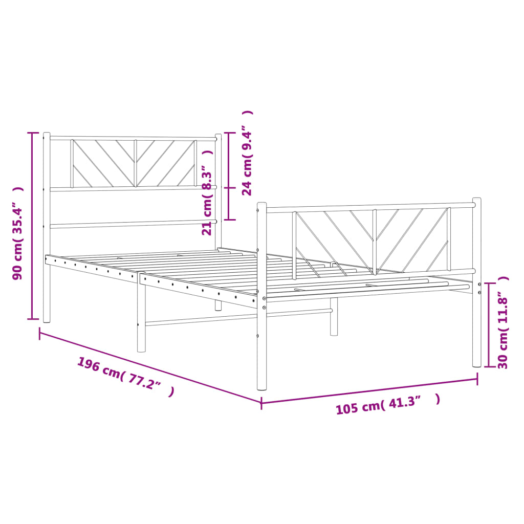 Metal Bed Frame without Mattress with Footboard White 100x190cm