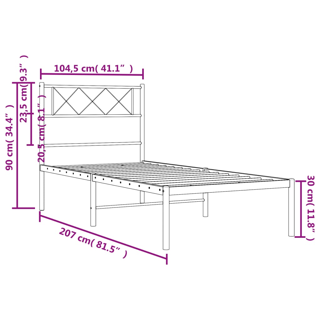 Metal Bed Frame without Mattress with Headboard Black 100x200cm