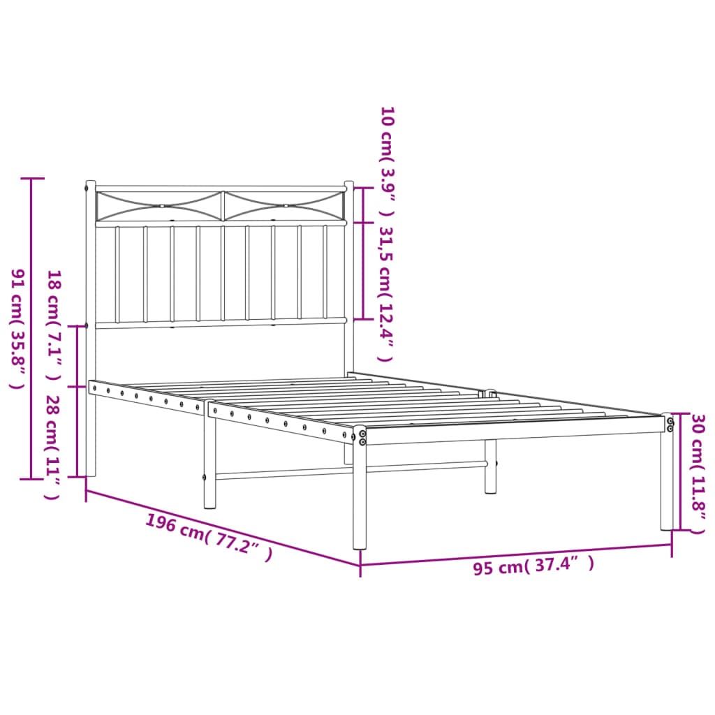 Metal Bed Frame without Mattress with Headboard Black 90x190cm
