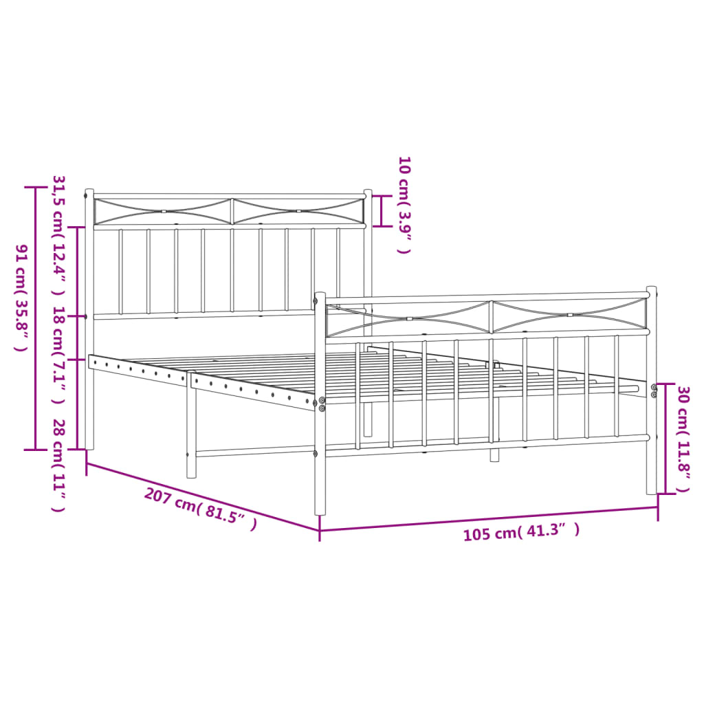 Metal Bed Frame without Mattress with Footboard Black 100x200cm