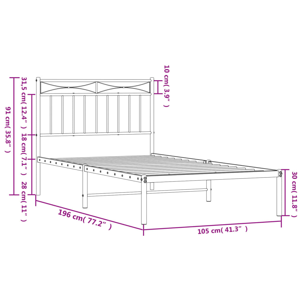 Metal Bed Frame without Mattress with Headboard White 100x190cm