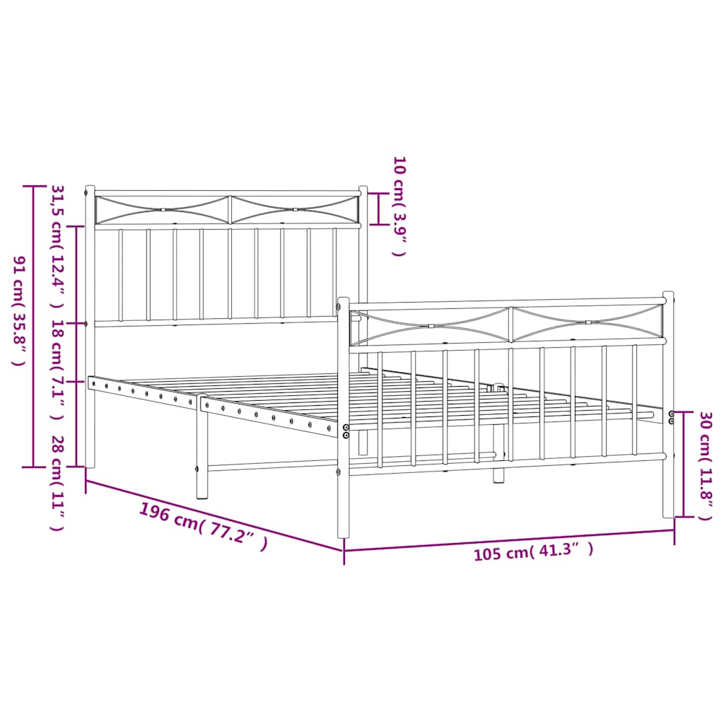 Metal Bed Frame without Mattress with Footboard White 100x190cm