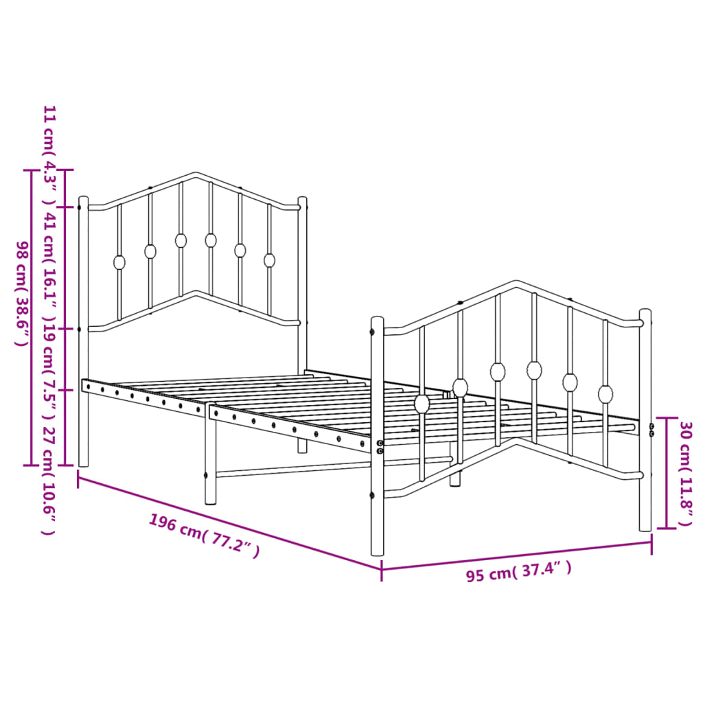 Metal Bed Frame without Mattress with Footboard Black 90x190cm