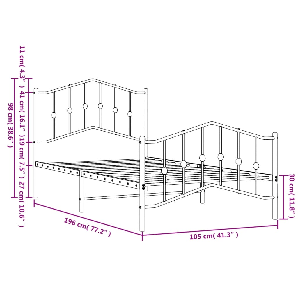 Metal Bed Frame without Mattress with Footboard Black 100x190cm