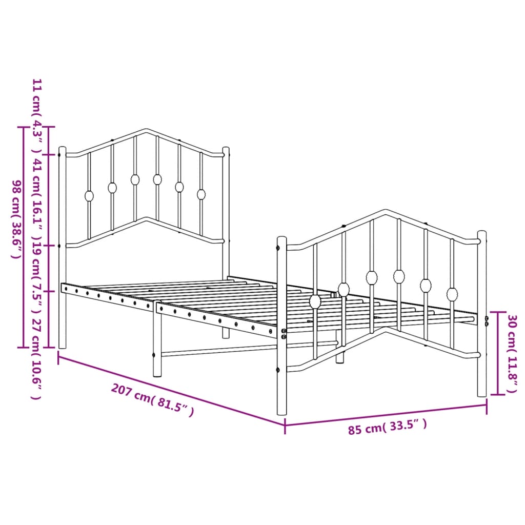 Metal Bed Frame without Mattress with Footboard White 80x200cm