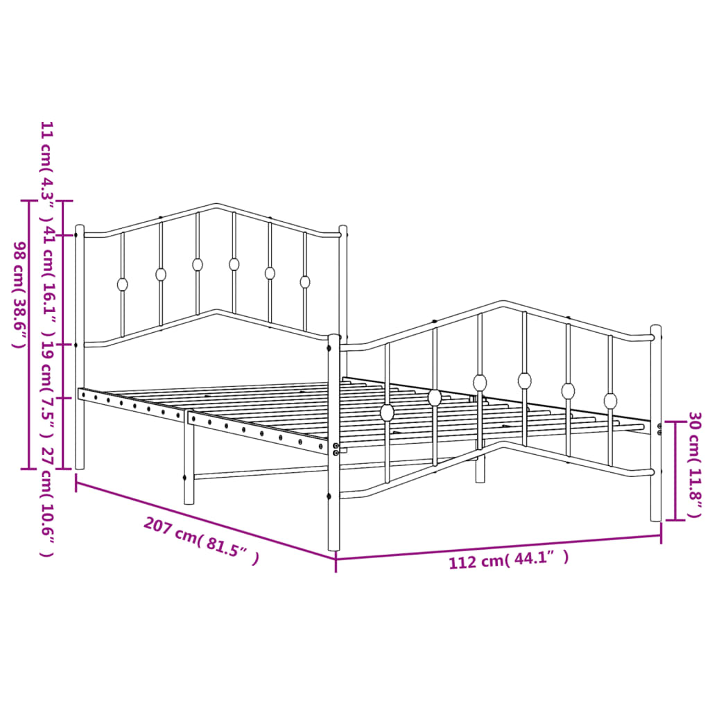 Metal Bed Frame without Mattress with Footboard White 107x203cm