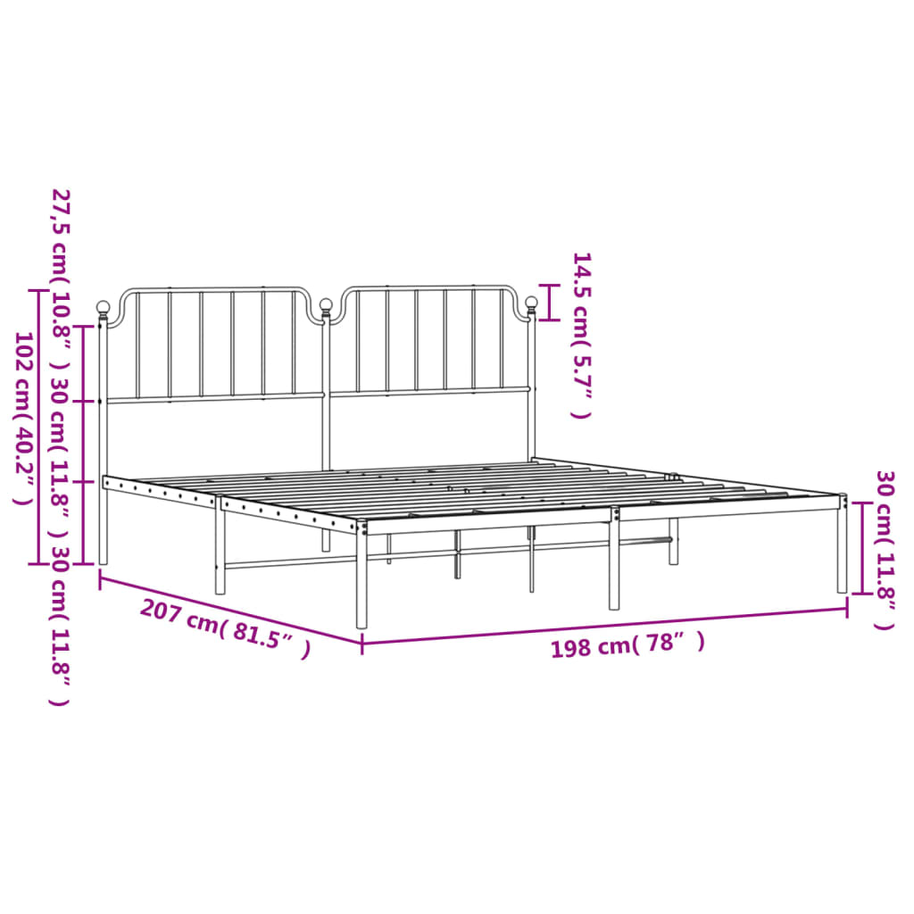 Metal Bed Frame without Mattress with Headboard Black 193x203cm