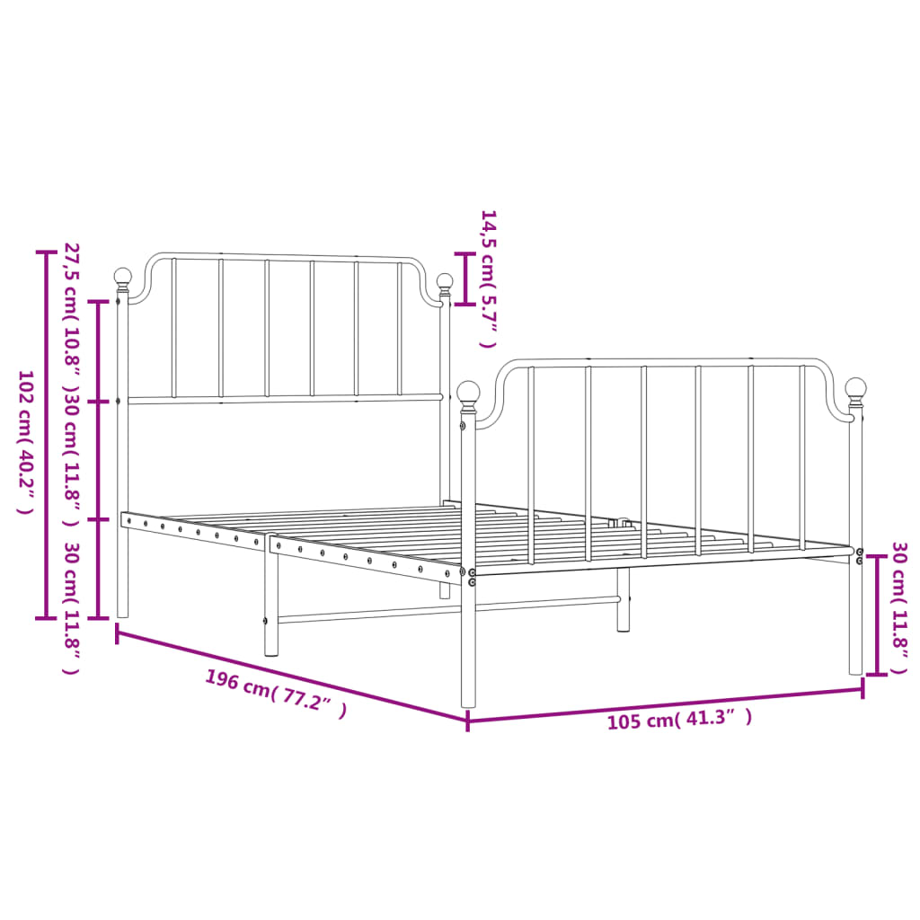 Metal Bed Frame without Mattress with Footboard Black 100x190cm