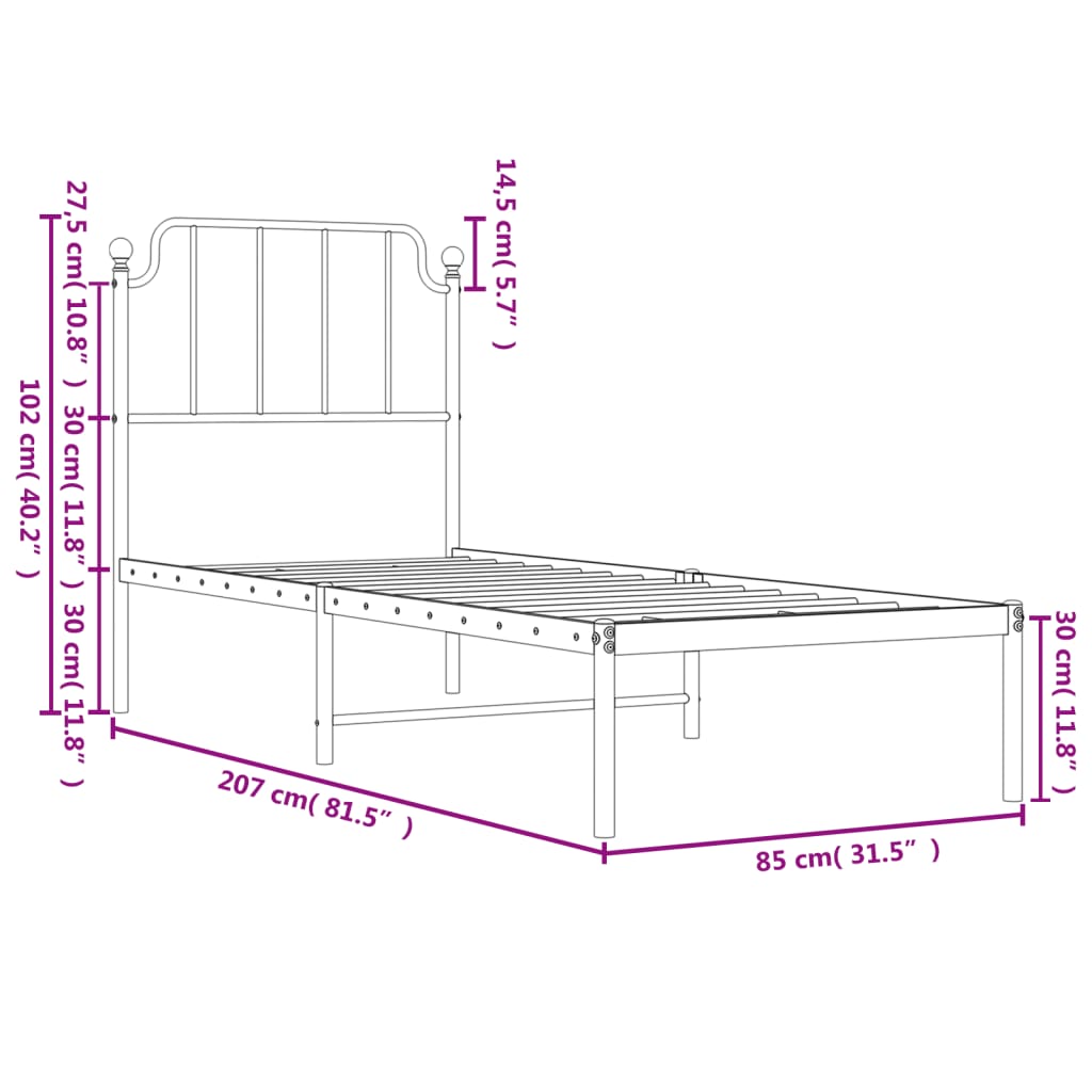 Metal Bed Frame without Mattress with Headboard White 80x200cm