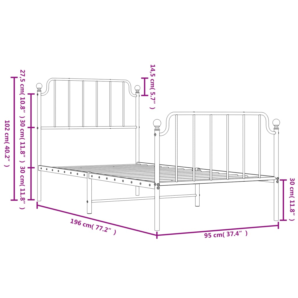 Metal Bed Frame without Mattress with Footboard White 90x190cm