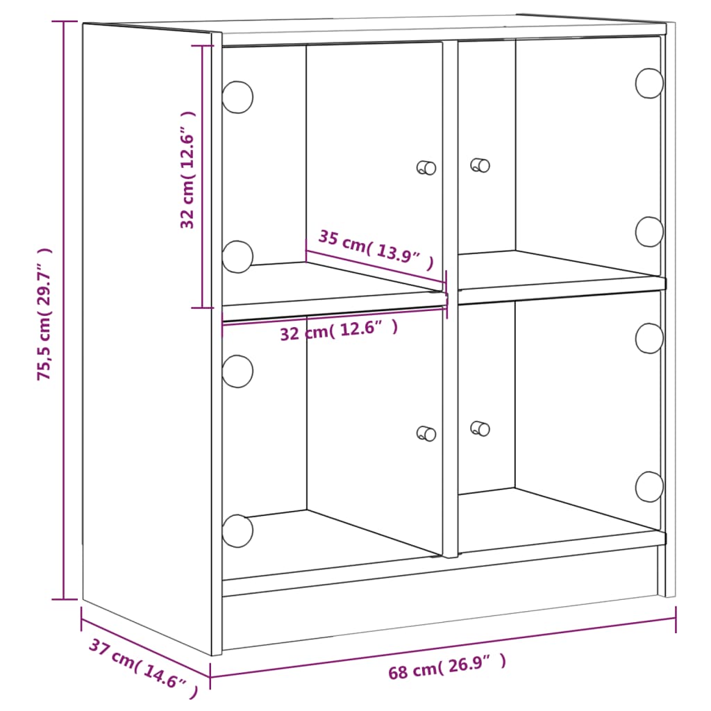 Side Cabinet with Glass Doors Brown Oak 68x37x75.5 cm