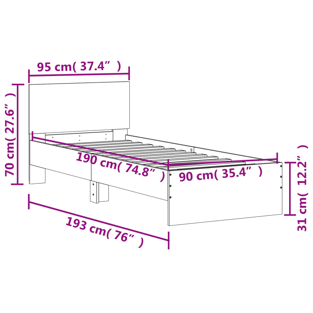 Bed Frame without Mattress with Headboard Black 90x190 cm Single