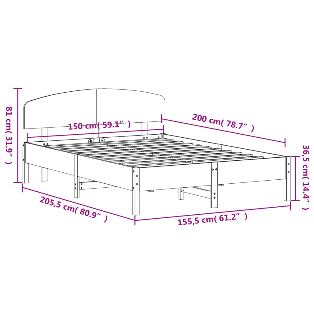 Bed Frame without Mattress Wax Brown 150x200 cm King Size Solid Wood Pine