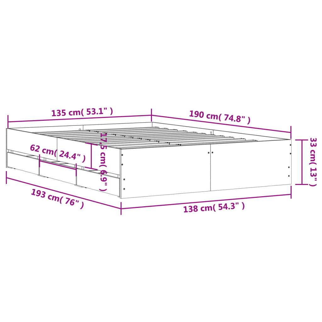 Modern Wooden Double Size 135cm Bed Frame Base With Storage Drawers