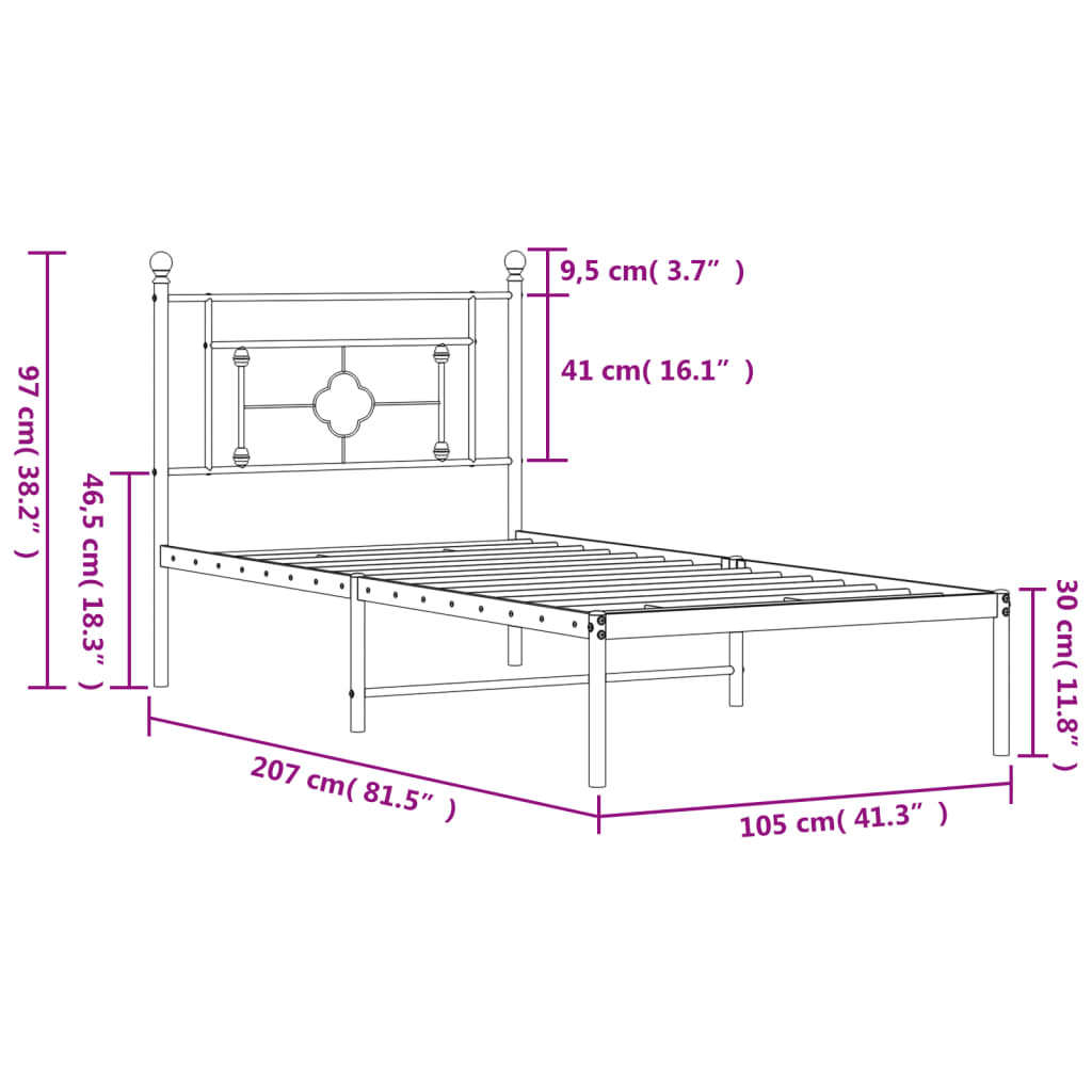 Metal Bed Frame without Mattress with Headboard Black 100x200cm