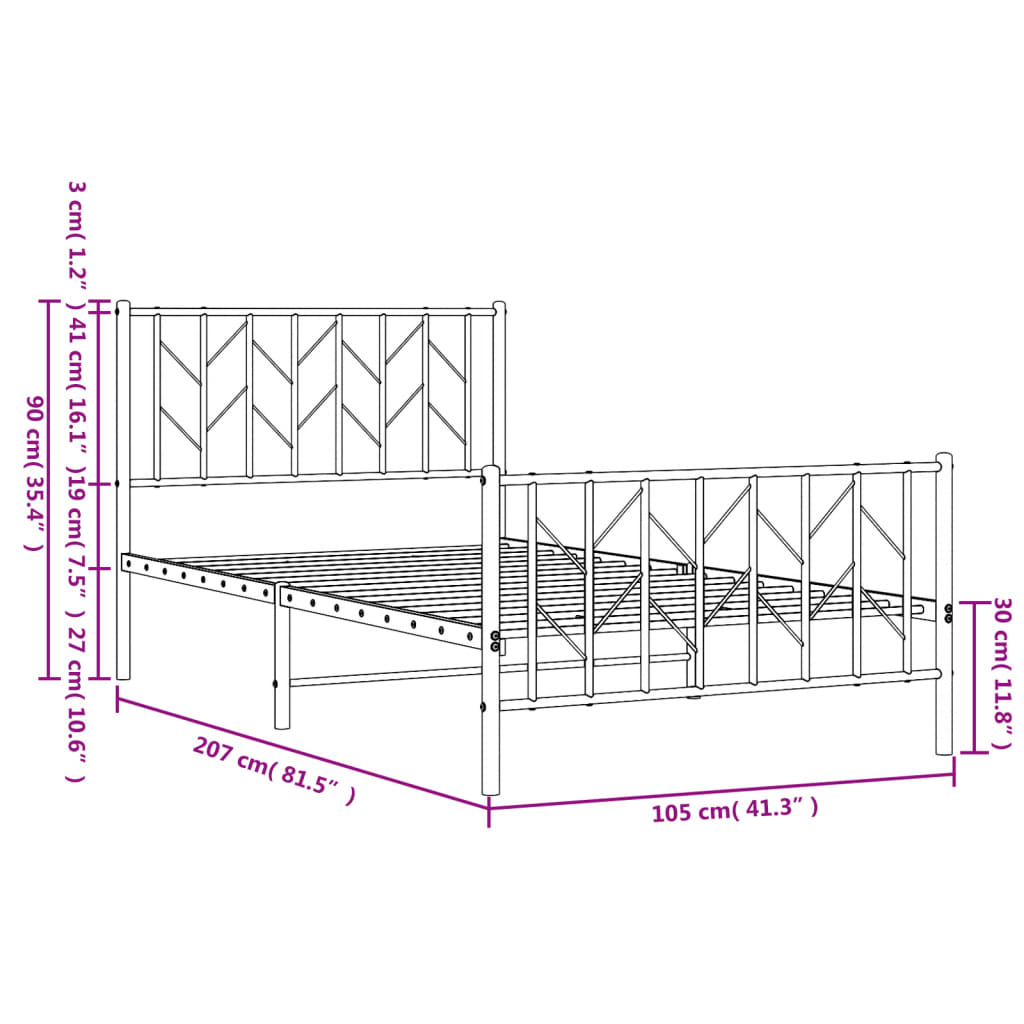 Metal Bed Frame without Mattress with Footboard White 100x200cm
