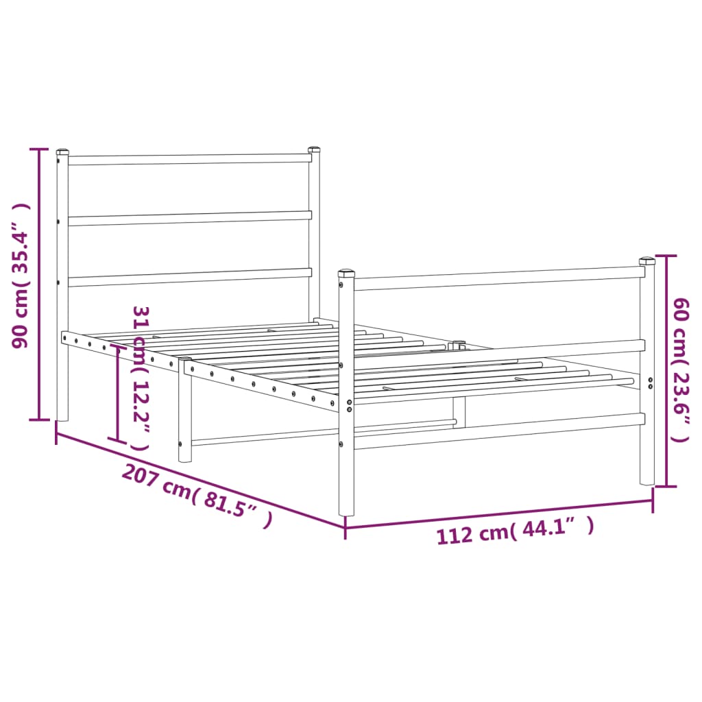 Metal Bed Frame without Mattress with Footboard White 107x203cm