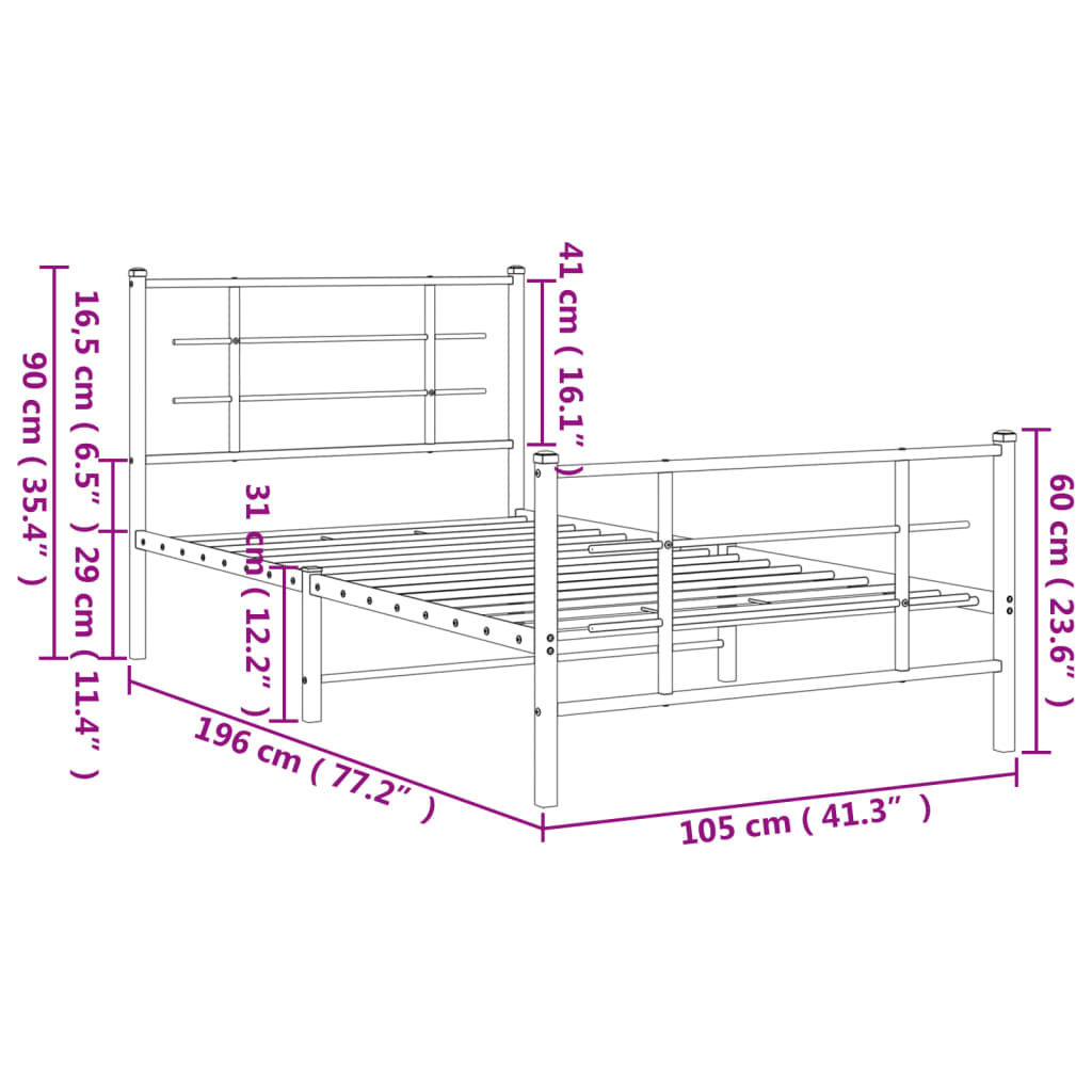 Metal Bed Frame without Mattress with Footboard Black 100x190cm