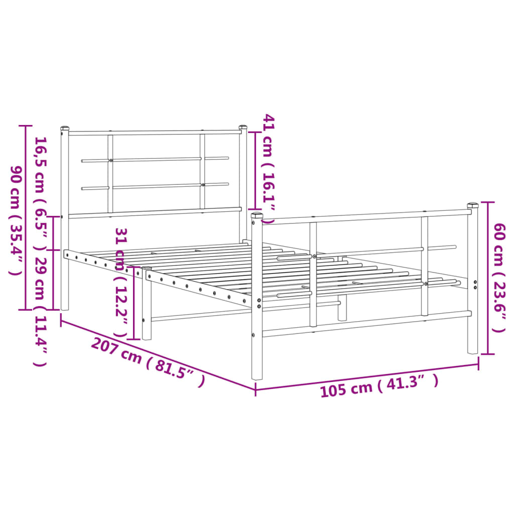 Metal Bed Frame without Mattress with Footboard White 100x200cm