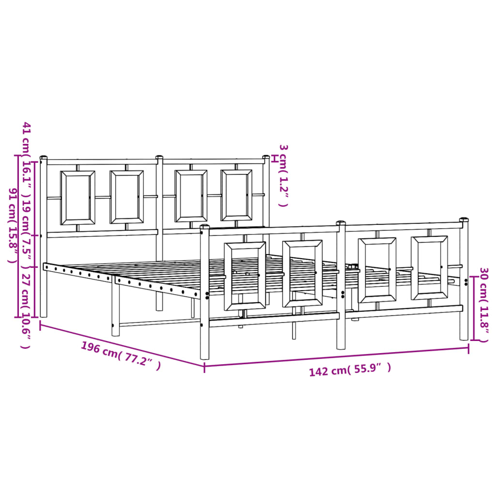 Metal Bed Frame without Mattress with Footboard Black 135x190cm