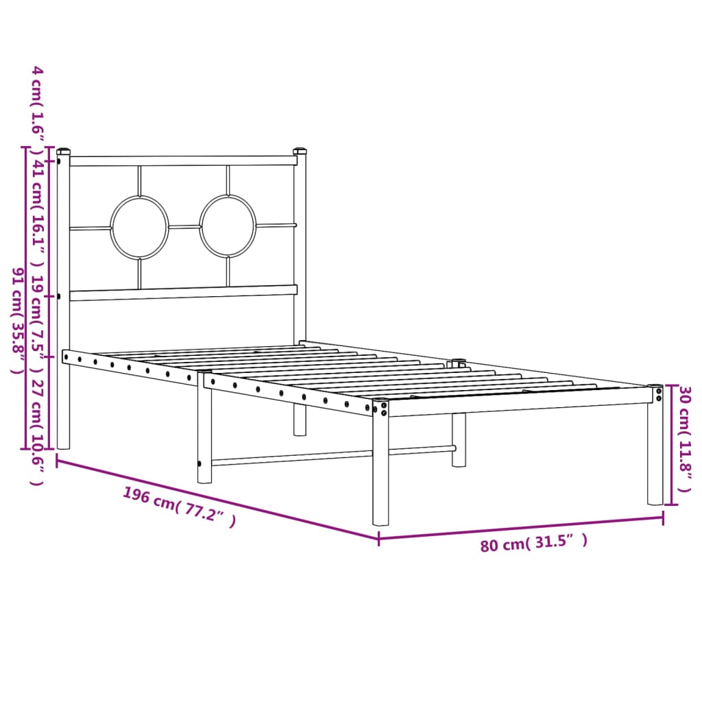 Metal Bed Frame without Mattress with Headboard Black 75x190cm
