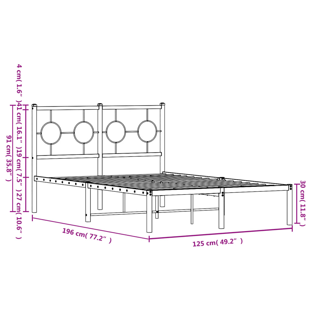 Metal Bed Frame without Mattress with Headboard Black 120x190cm