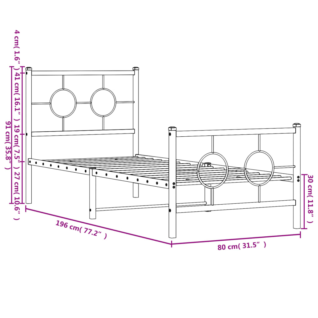 Metal Bed Frame without Mattress with Footboard Black 75x190cm