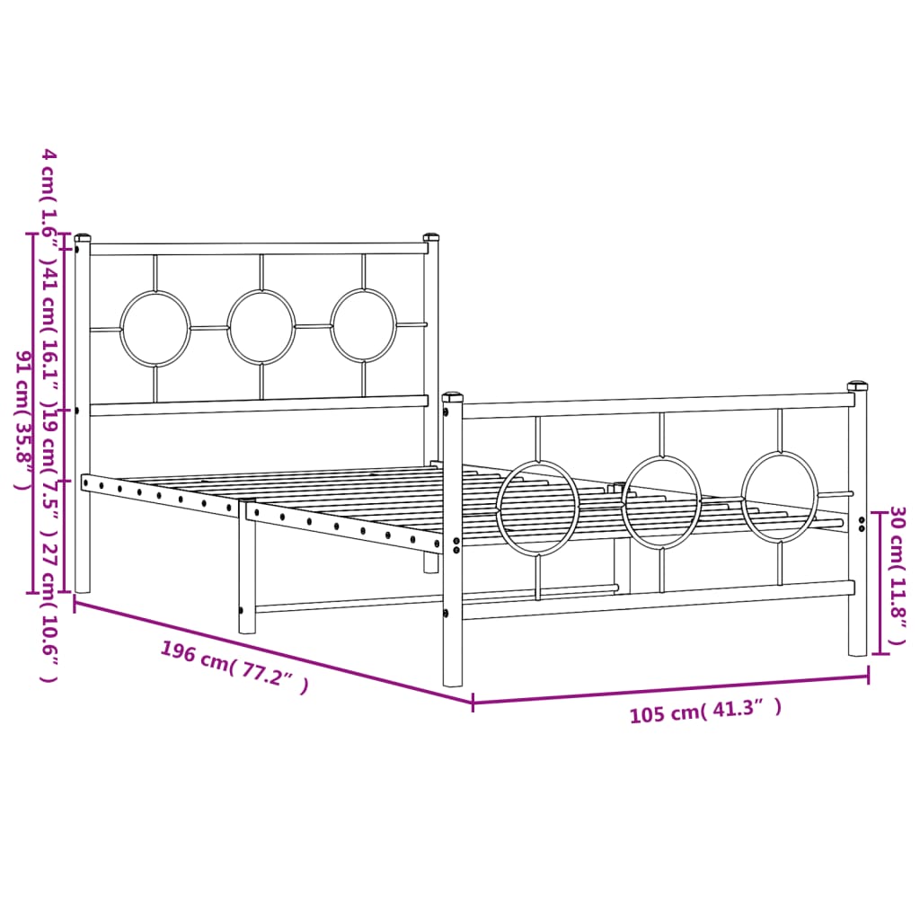 Metal Bed Frame without Mattress with Footboard Black 100x190cm