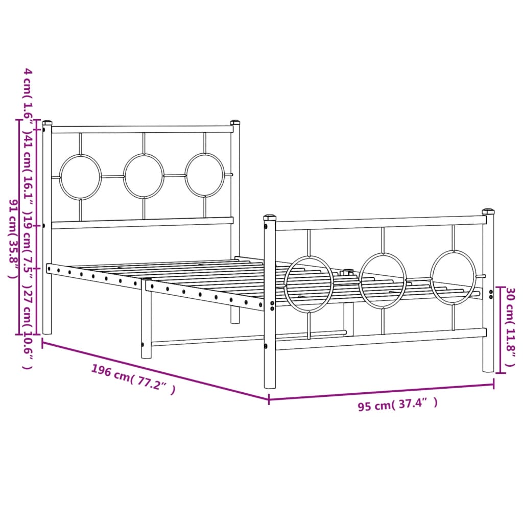 Metal Bed Frame with Headboard and Footboard White 90x190 cm Single