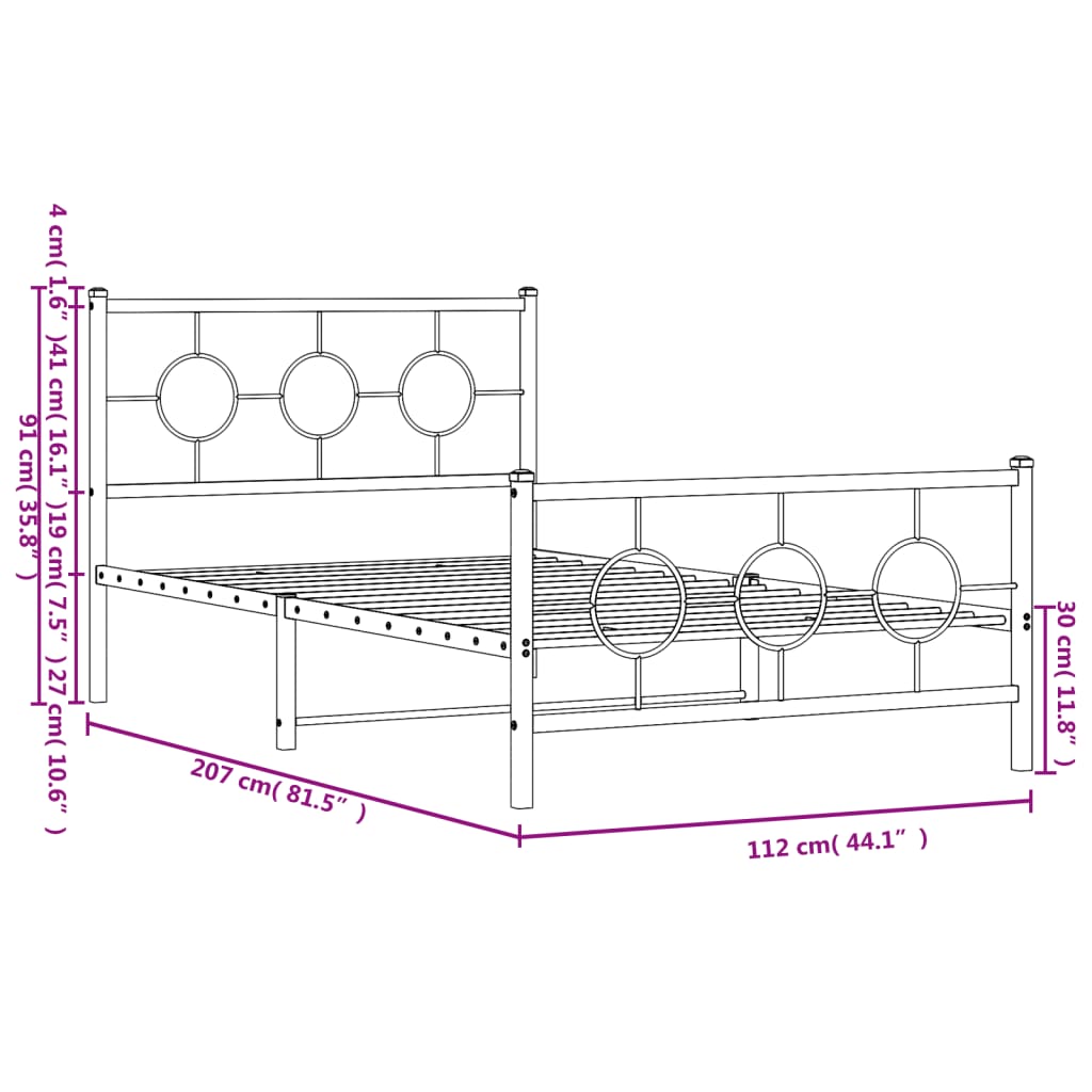Metal Bed Frame without Mattress with Footboard White 107x203cm