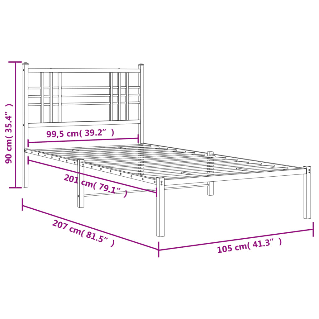 Metal Bed Frame without Mattress with Headboard Black 100x200cm