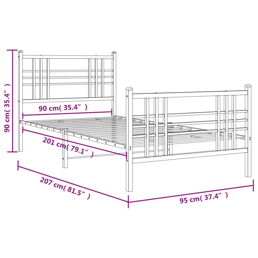 Metal Bed Frame without Mattress with Footboard White 90x200cm